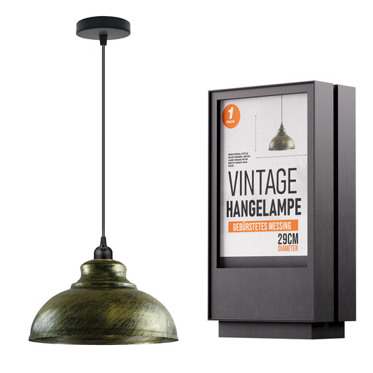 Vintage Loft Pendelleuchte aus Metall, Retro-Stil, E27-Fassung, gebürstetes Messing, höhenverstellbares Kabel, ideal für Wohnzimmer, Café, Bar oder Restaurant.