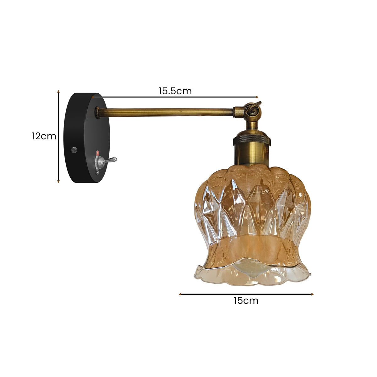 Vintage Messing Wandlampe mit verstellbarem Arm und weiß-braunem Lampenschirm, E27 Fassung, 60W für Innenräume, einfache Installation.