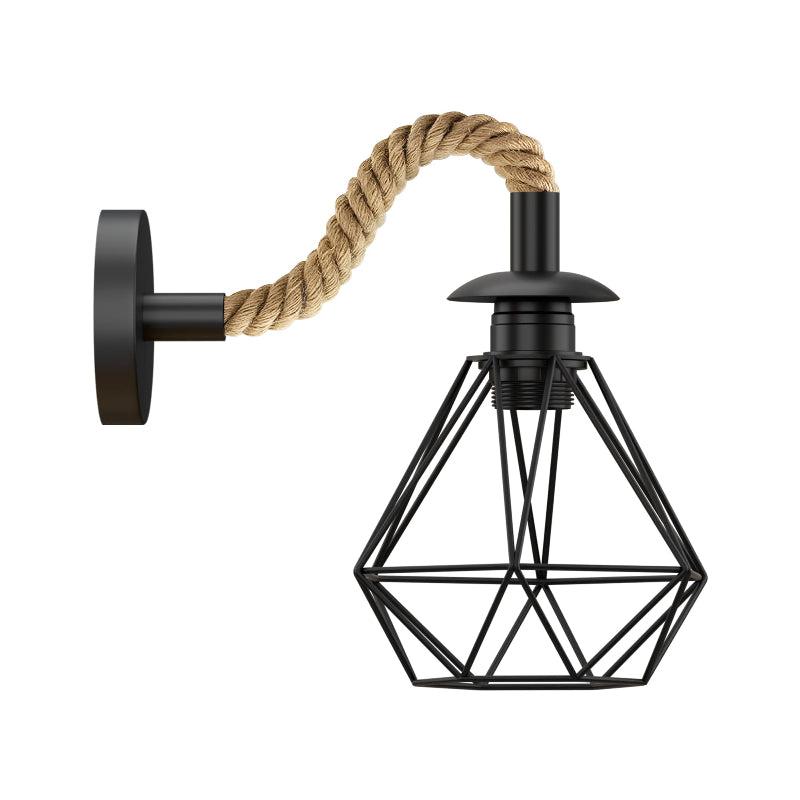 Hanfseil Lampe mit Schalter Drahtkäfig Wandleuchte E27