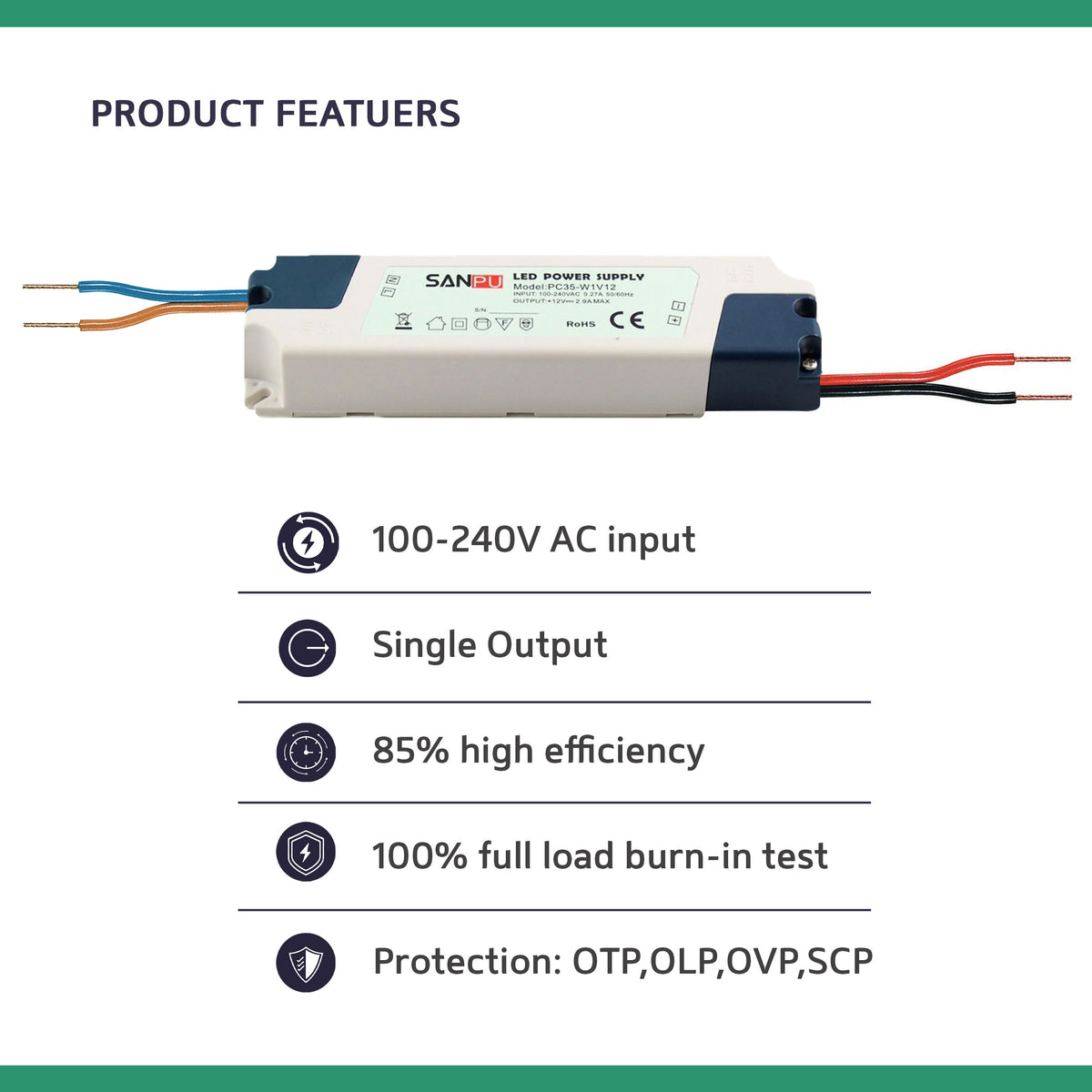 35 W 2,9 Amp Kompakter Sanpu LED-Treiber AC 230 V bis DC 12 V Netzteiltransformator