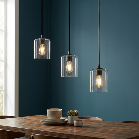 Lampada a sospensione retrò in vetro trasparente a cilindro | Plafoniera Loft Nera E27~3669
