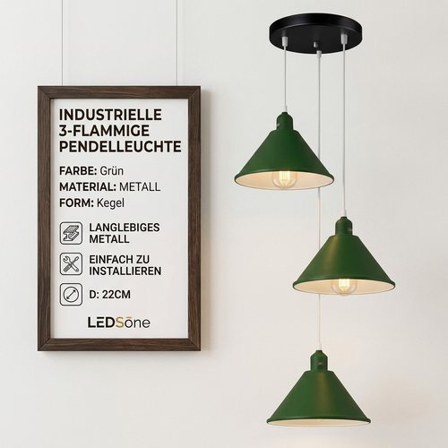 Lampada a sospensione a 3 luci – Lampadario a cascata vintage per tavolo da pranzo | Ø 22 cm | E27 ~3613