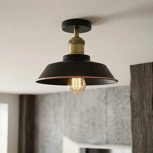 Vintage Deckenleuchte Schwarz Messing Flach Industrie Design Lampe | E27 ~4146