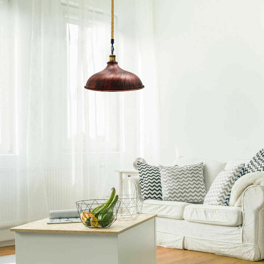 Hängelampe mit Seil in Rostrot im Vintage-Stil mit E27-Fassung und Metallschirm