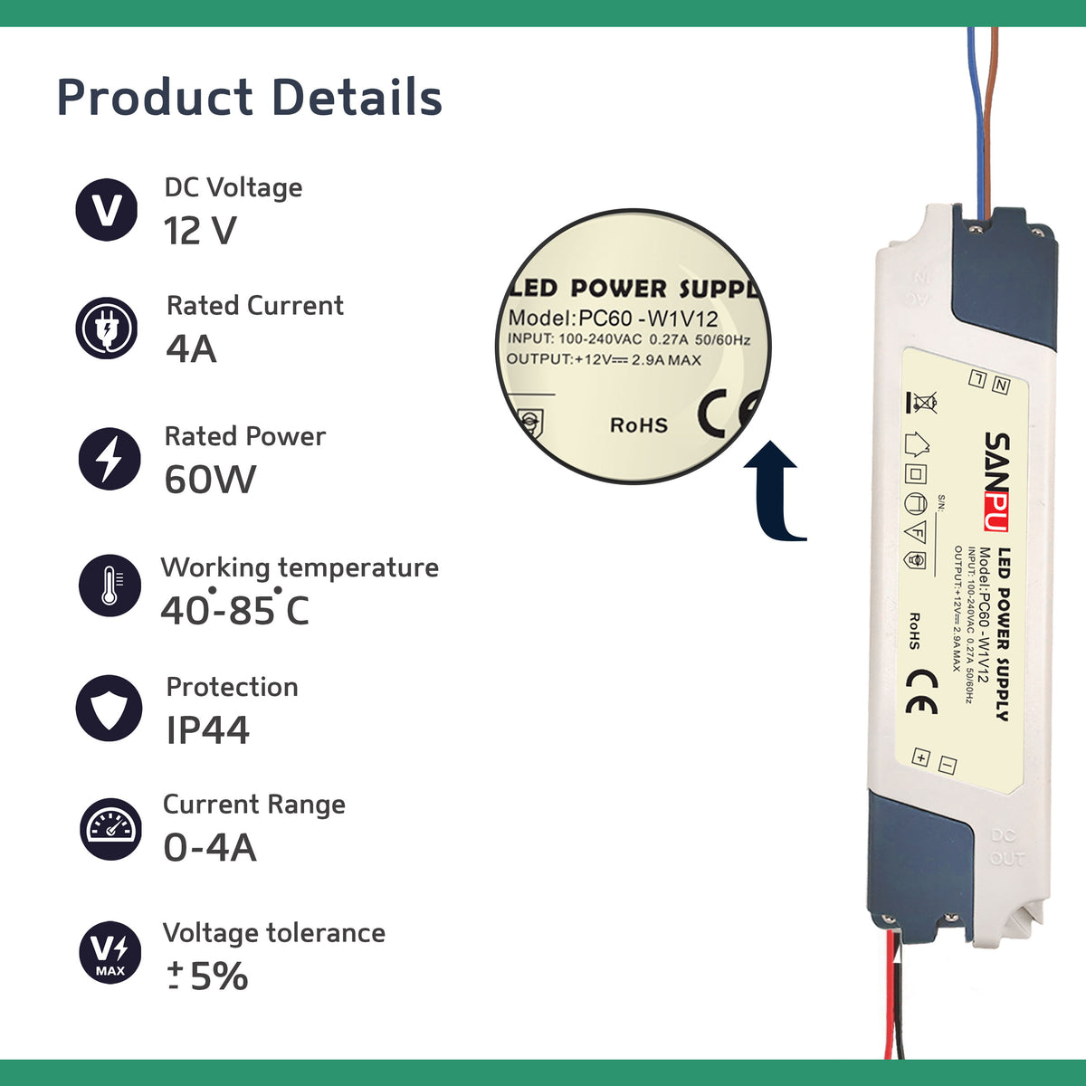 60 W 5 Ampere kompakter Sanpu LED-Treiber AC 230 V bis DC 12 V Netzteiltransformator deta
