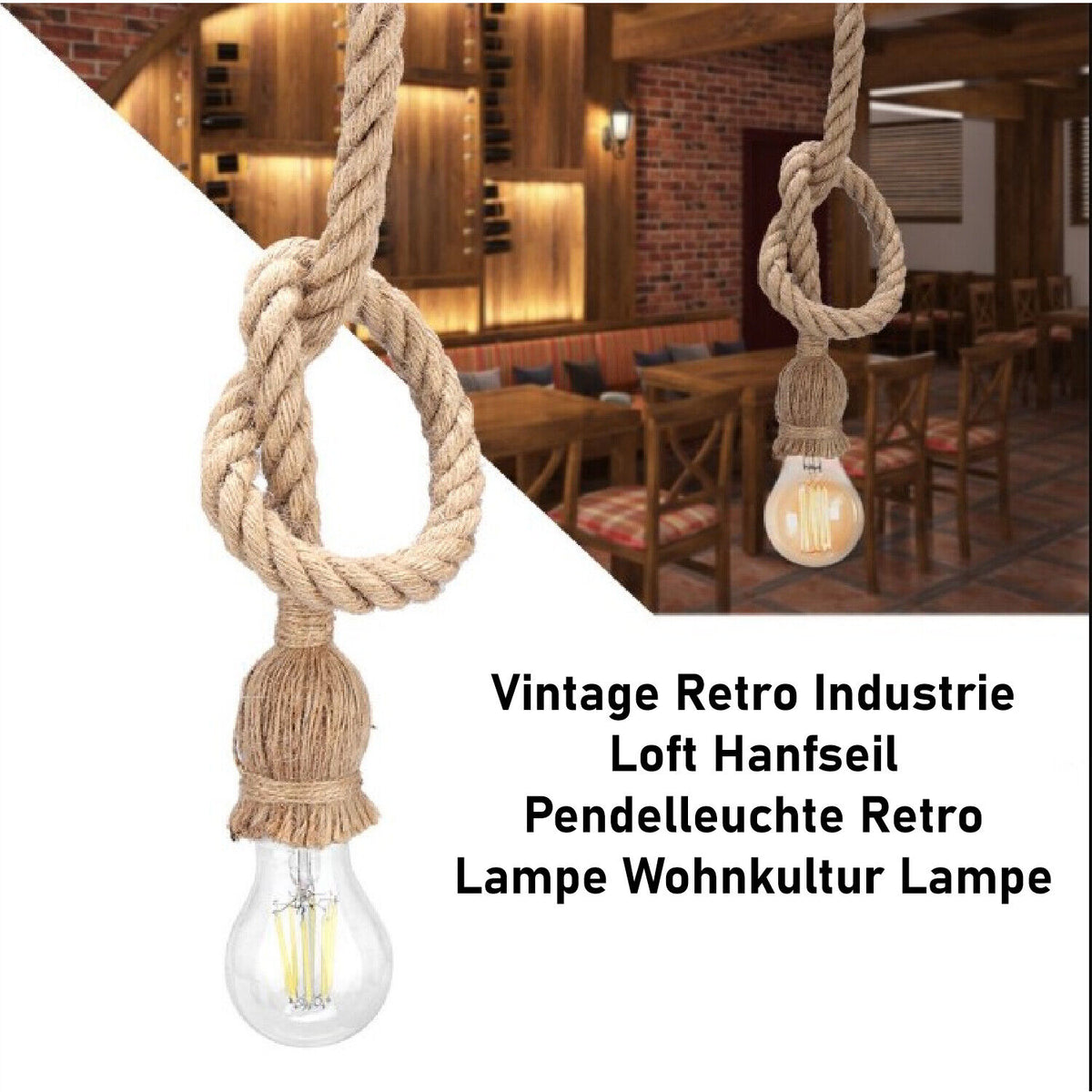 Knoten Hanfseil Pendelleuchte – Einfaches Design, 1m & 2m Länge, rustikale Deckenlampe für Wohnzimmer, Esszimmer oder Loft