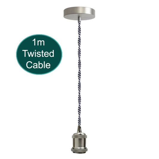 1m schwarz-weiß verdrilltes Kabel E27 Base Satin Nickel Holder