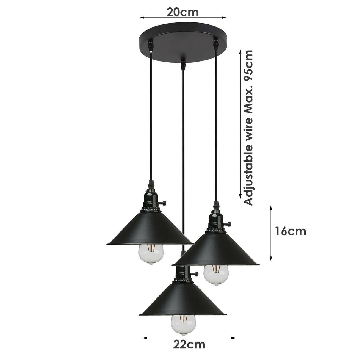 Vintage Industrie 3-Wege Deckenpendelleuchte Metall Retro Loft Hang Lampenschirm