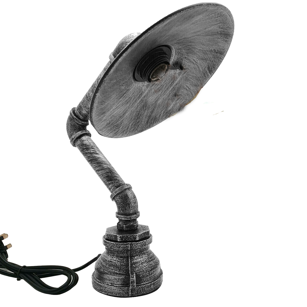 Industrielle Vintage Retro-Stahlrohr-Schreibtisch-Tischlampe mit flachem Schirm aus gebürstetem Silber ladsone.com-2